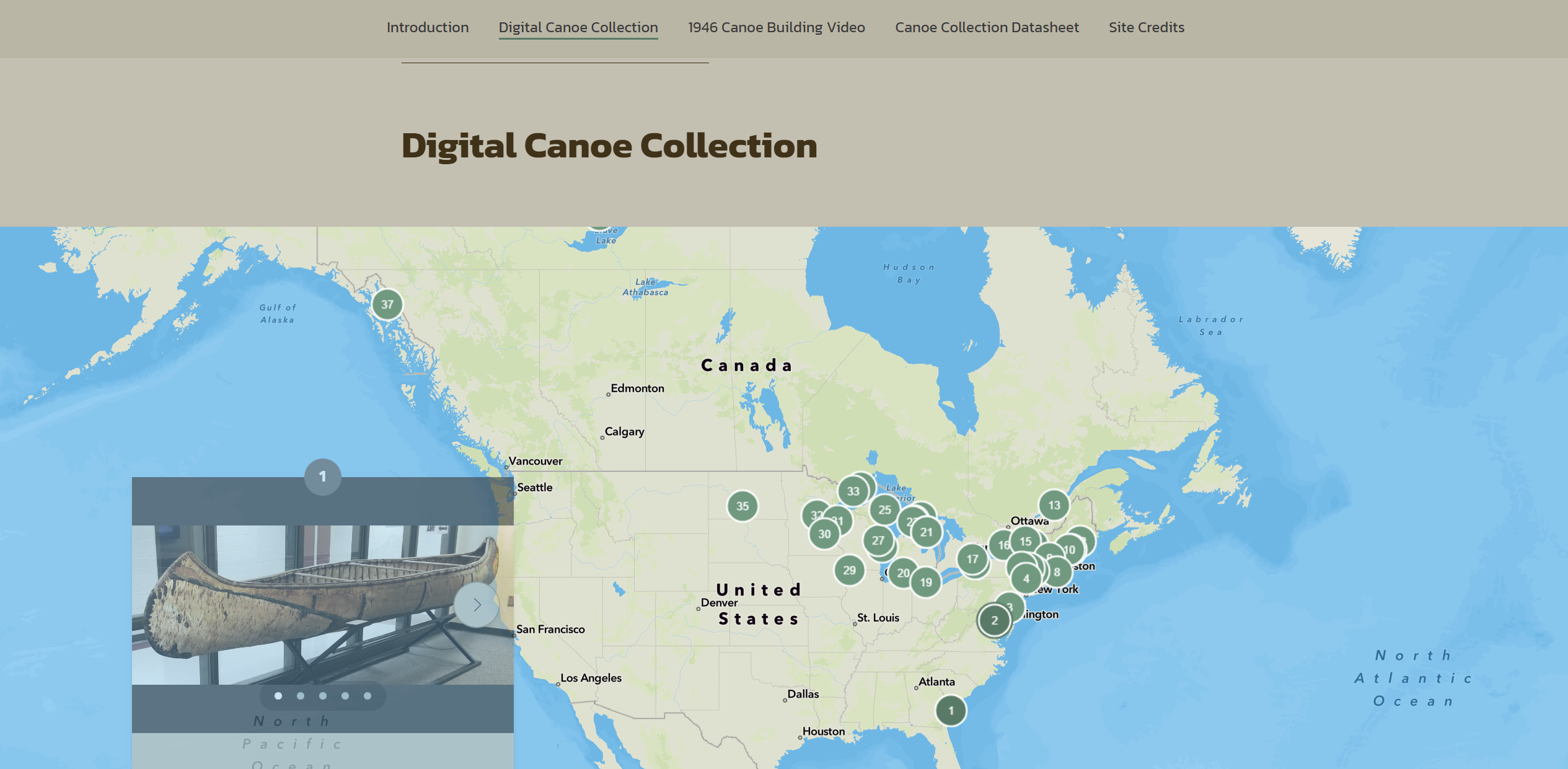 A map of North America and what happens when you click "Digital Canoe Collection"